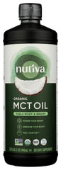 Nutiva frente del envase mostrando etiqueta orgánica y beneficio de pureza
