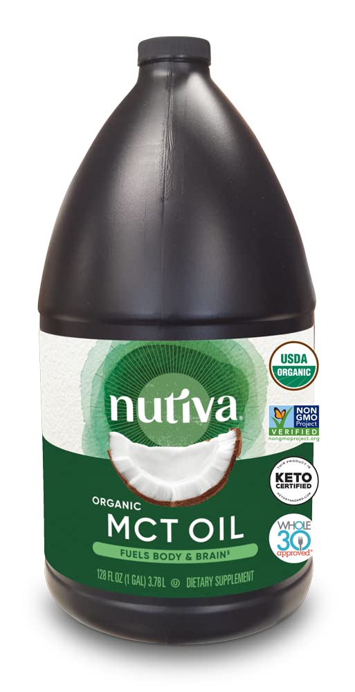 Nutiva botella frontal 128 fl oz mostrando empaque orgánico y beneficios