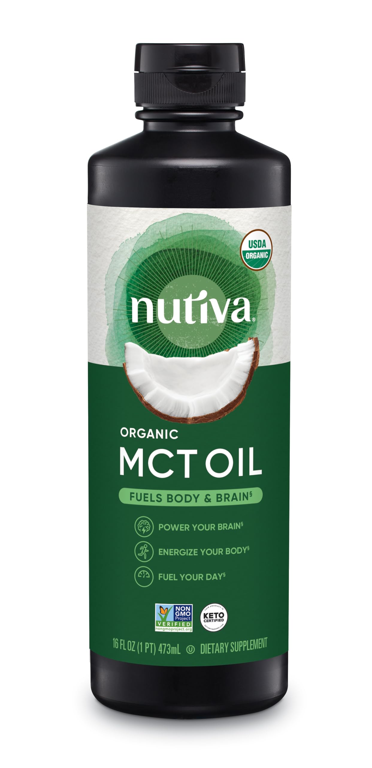 Nutiva botella frontal MCT orgánico mostrando etiqueta y tamaño para uso diario