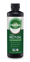 Nutiva botella frontal MCT orgánico mostrando etiqueta y tamaño para uso diario