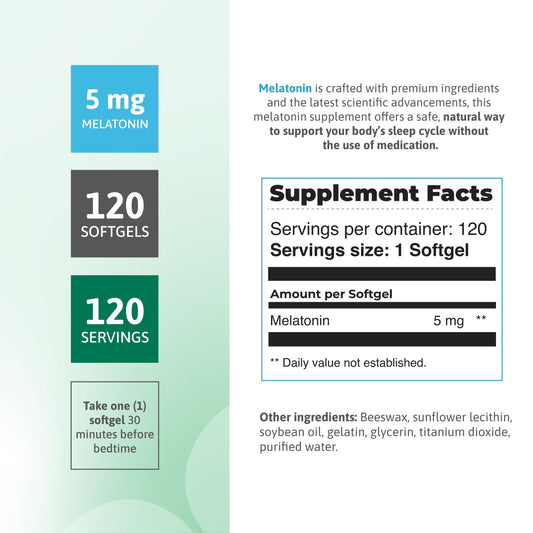 Nutra Nutrition Melatonina 5 mg, cápsulas suaves, fáciles de tragar para dormir.