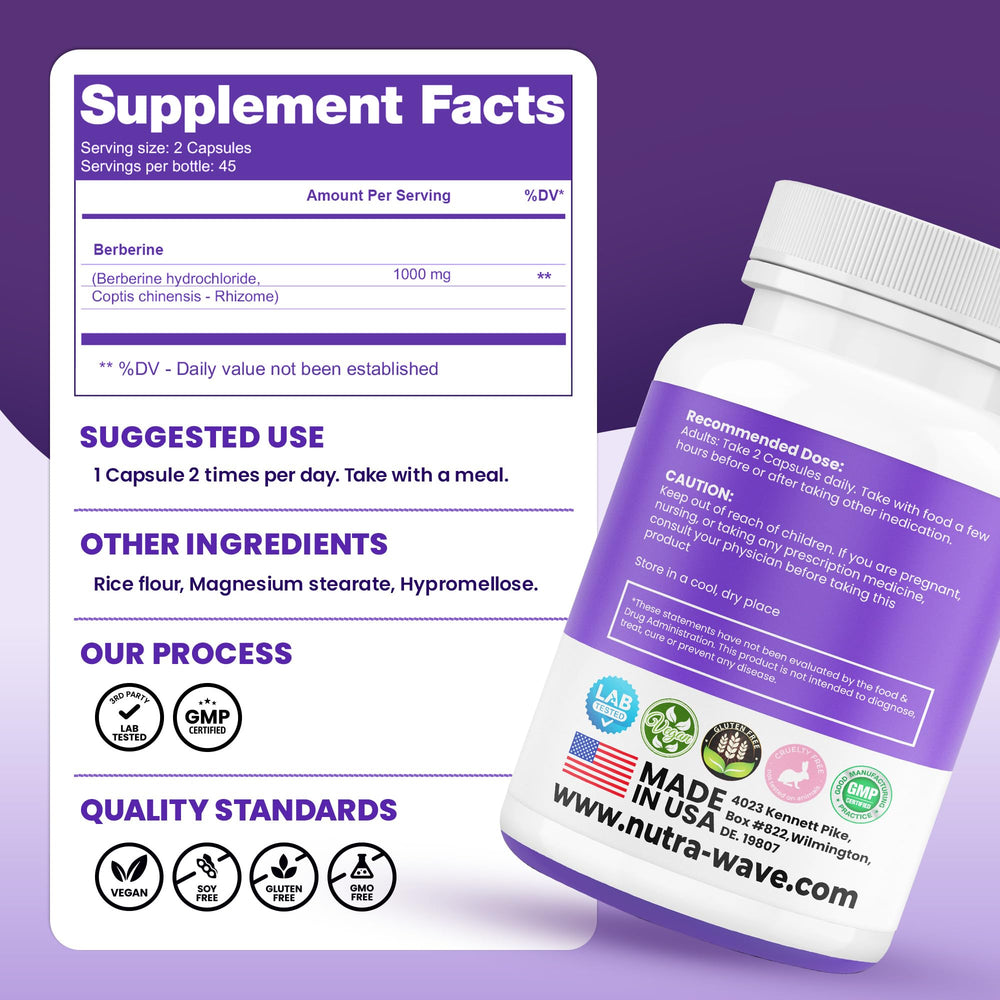 Etiqueta de Nutra Wave con lista de ingredientes y certificaciones visibles
