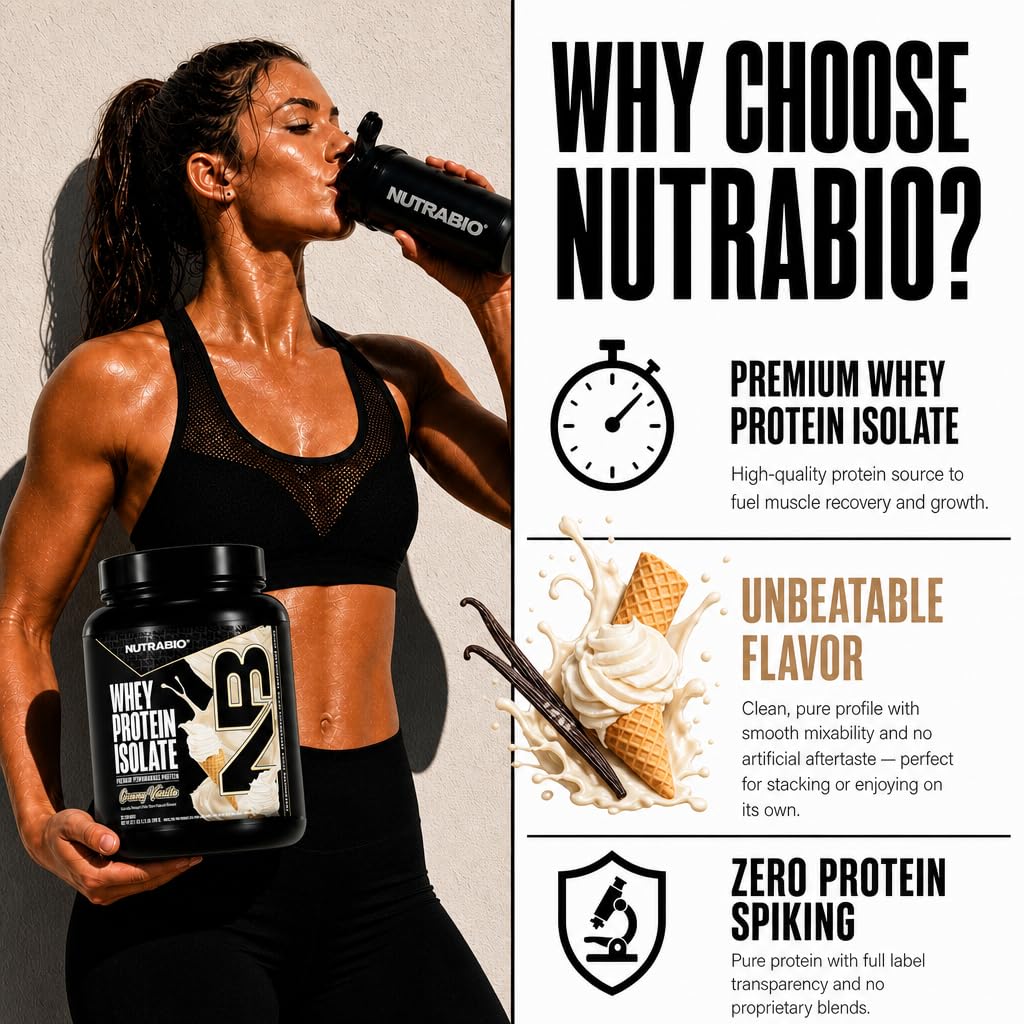 NutraBio cuchara dosificadora junto a bote, ilustra porción y control de macros
