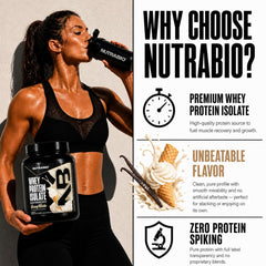 NutraBio cuchara dosificadora junto a bote, ilustra porción y control de macros