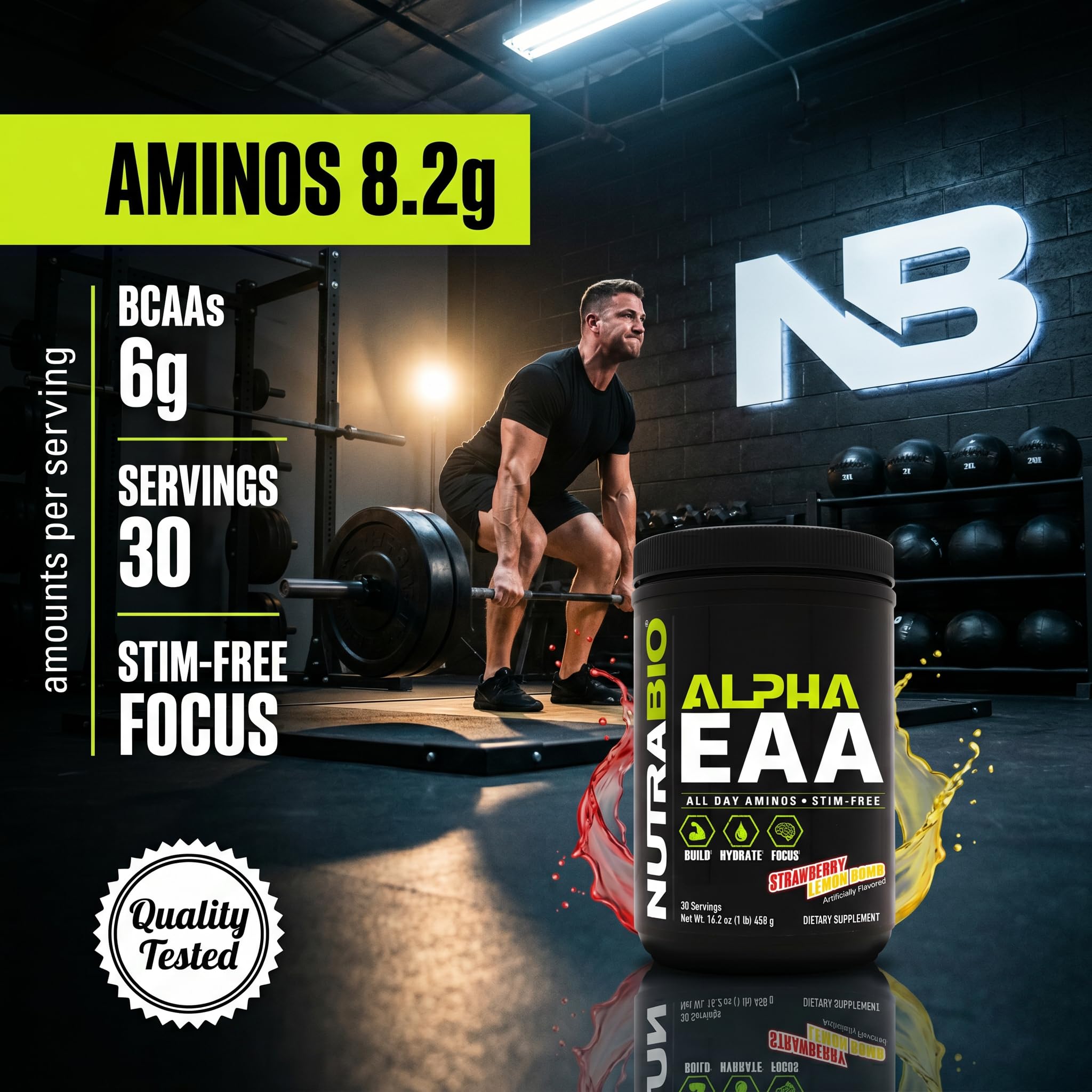 NutraBio Alpha EAA en ambiente activo estilo vida saludable y enfoque
