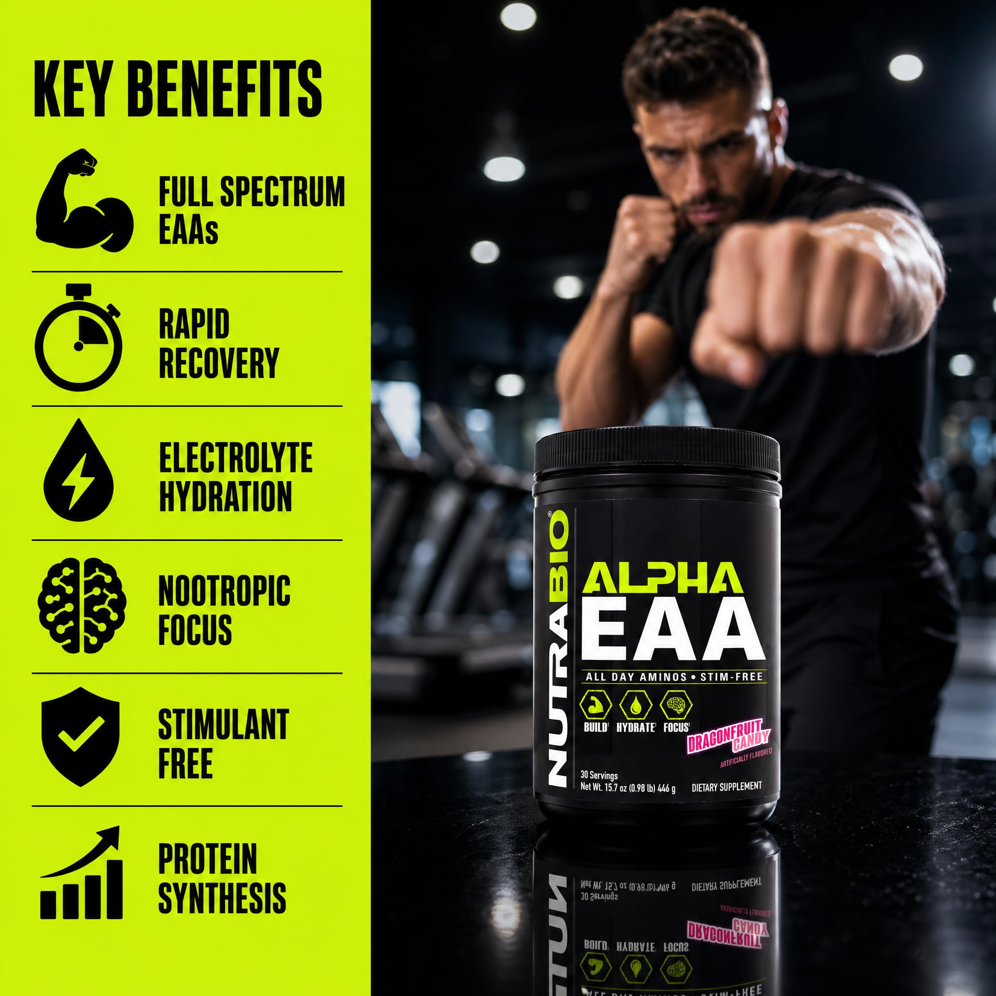 NutraBio Alpha EAA comparación de tamaño con manos para visual de porciones