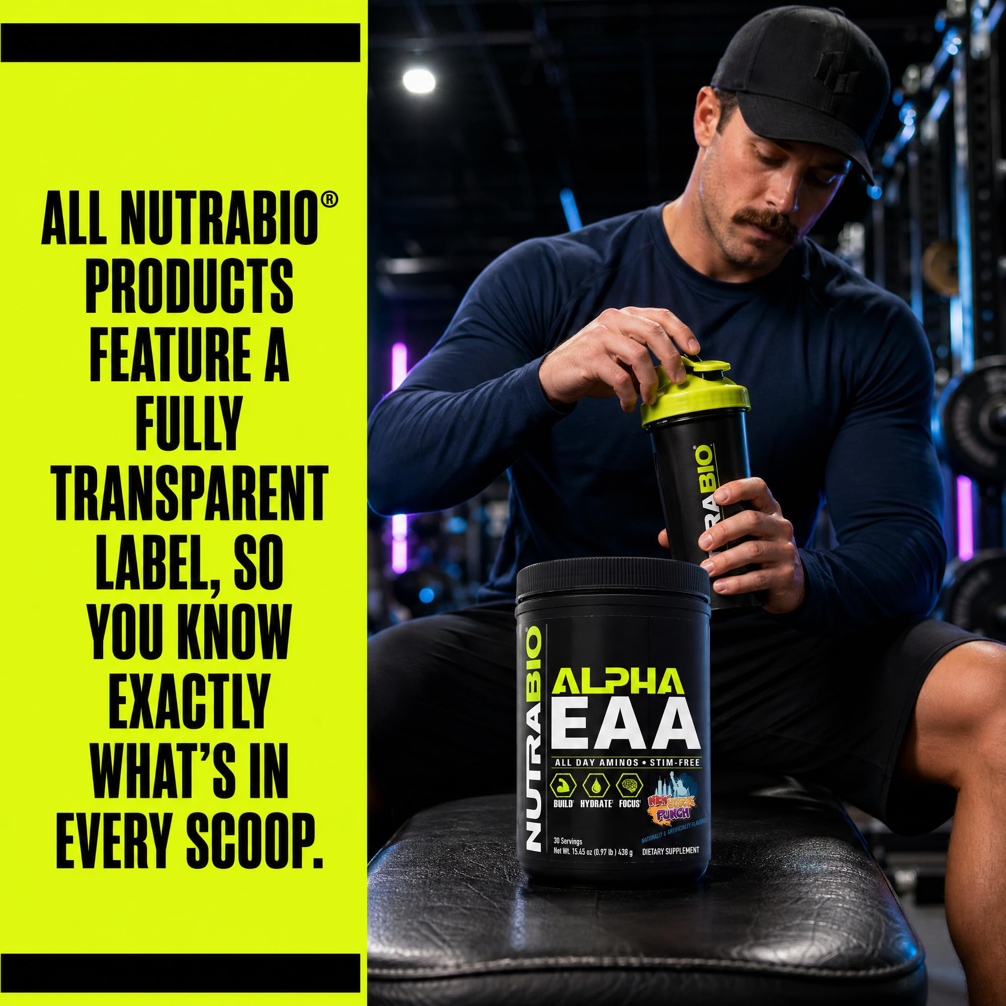 NutraBio Alpha EAA comparación de tamaño del envase para referencia