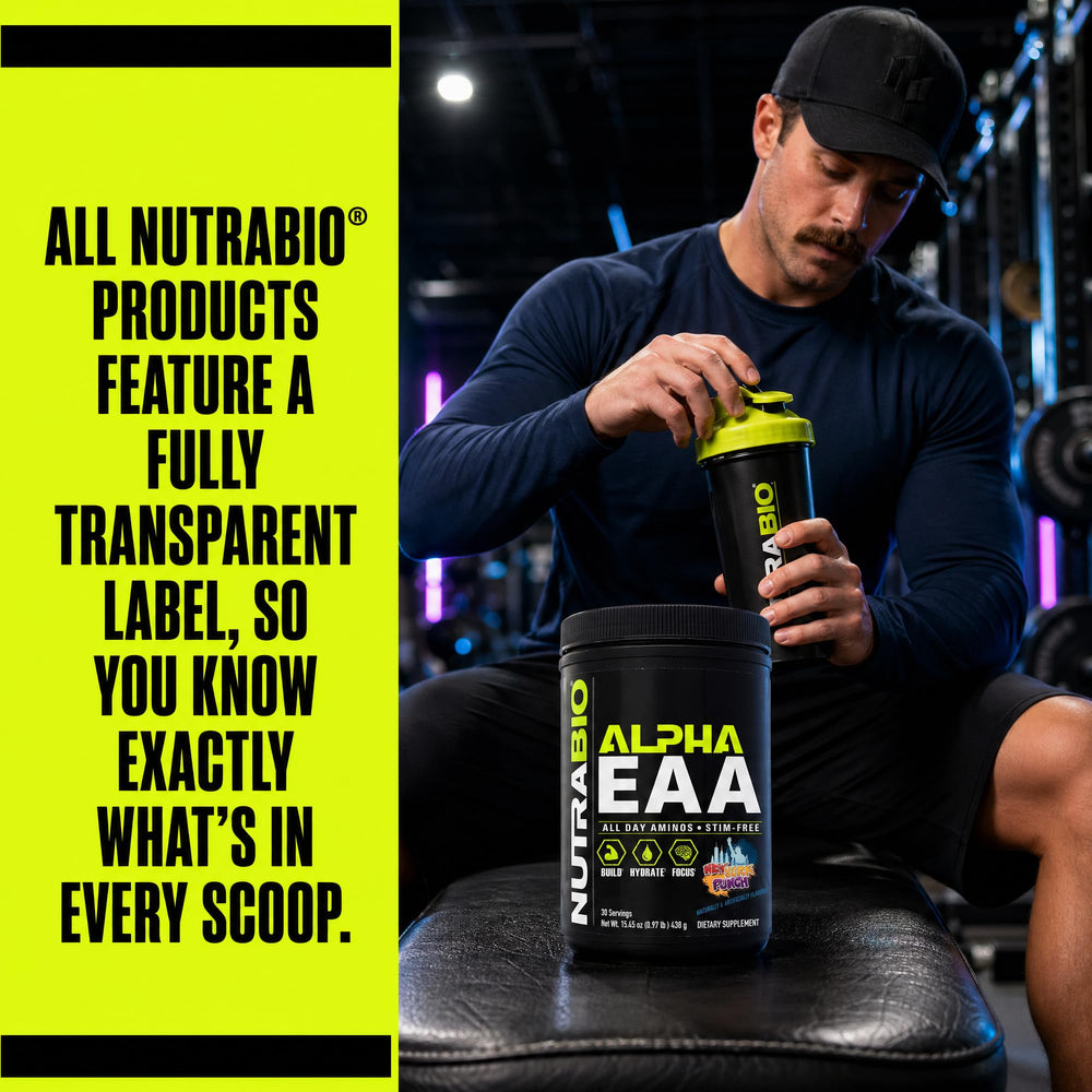 NutraBio Alpha EAA comparación de tamaño del envase para referencia