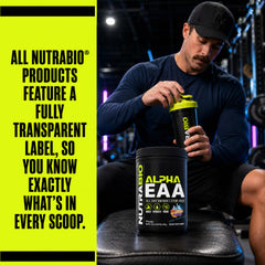 NutraBio Alpha EAA comparación de tamaño del envase para referencia