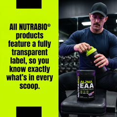 NutraBio Alpha EAA junto a una mano para comparar tamaño del envase y porciones