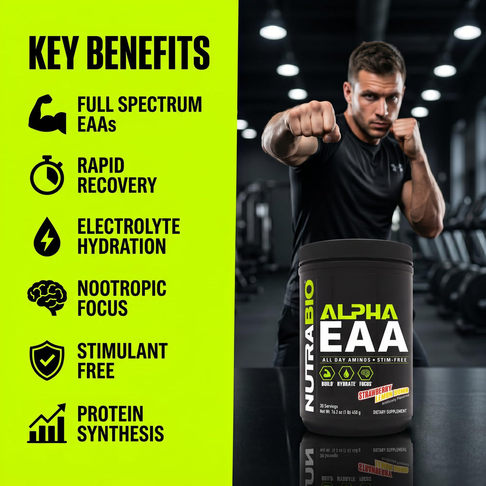 NutraBio Alpha EAA bote en mano para comparar tamaño y practicidad
