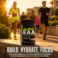NutraBio Alpha EAA primer plano del polvo rosa sabor Dragon Fruit para apetito visual