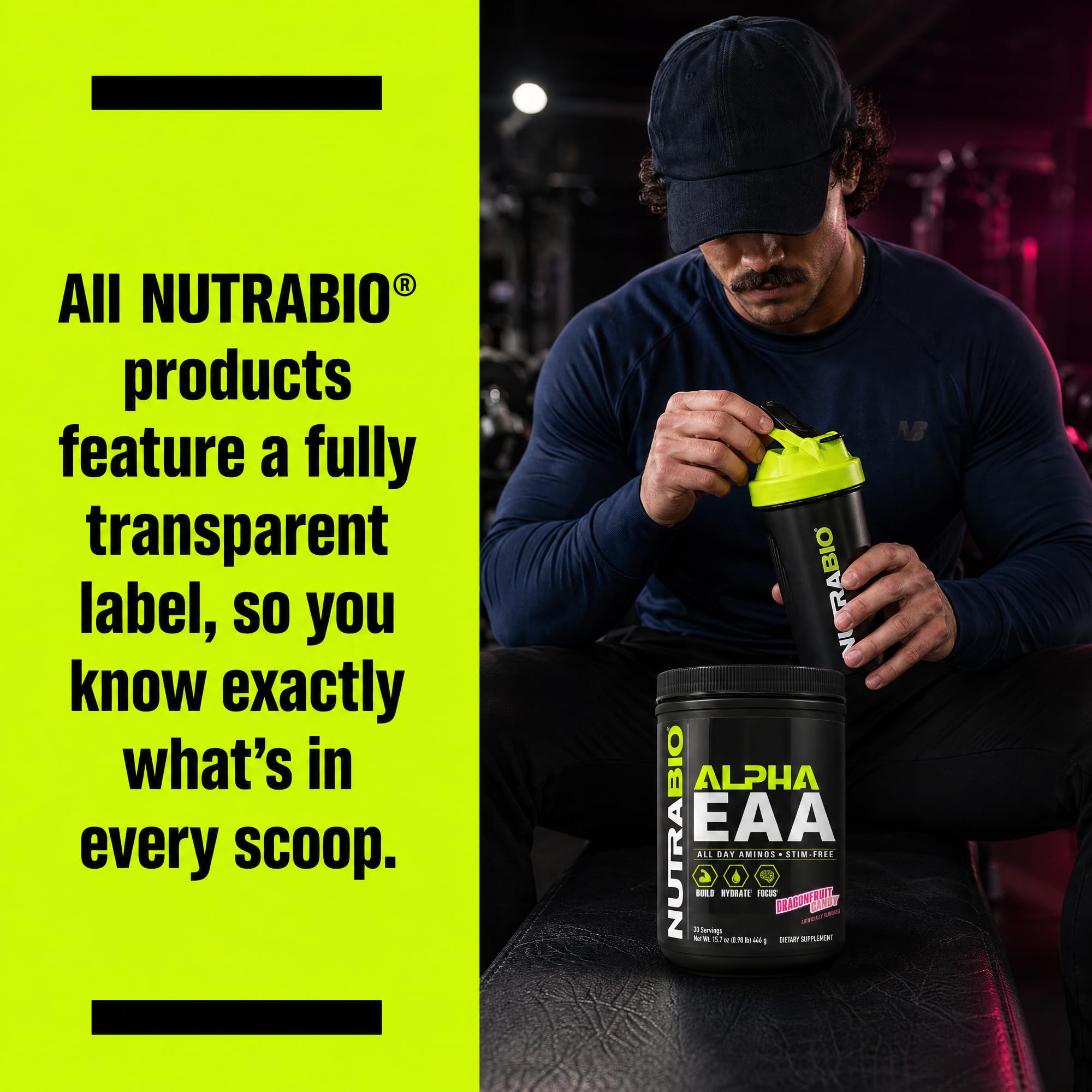 NutraBio Alpha EAA en botella dentro de gimnasio para uso pre o intra entrenamiento