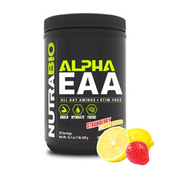 NutraBio Alpha EAA envase frontal mostrando sabor fresa limón y beneficios