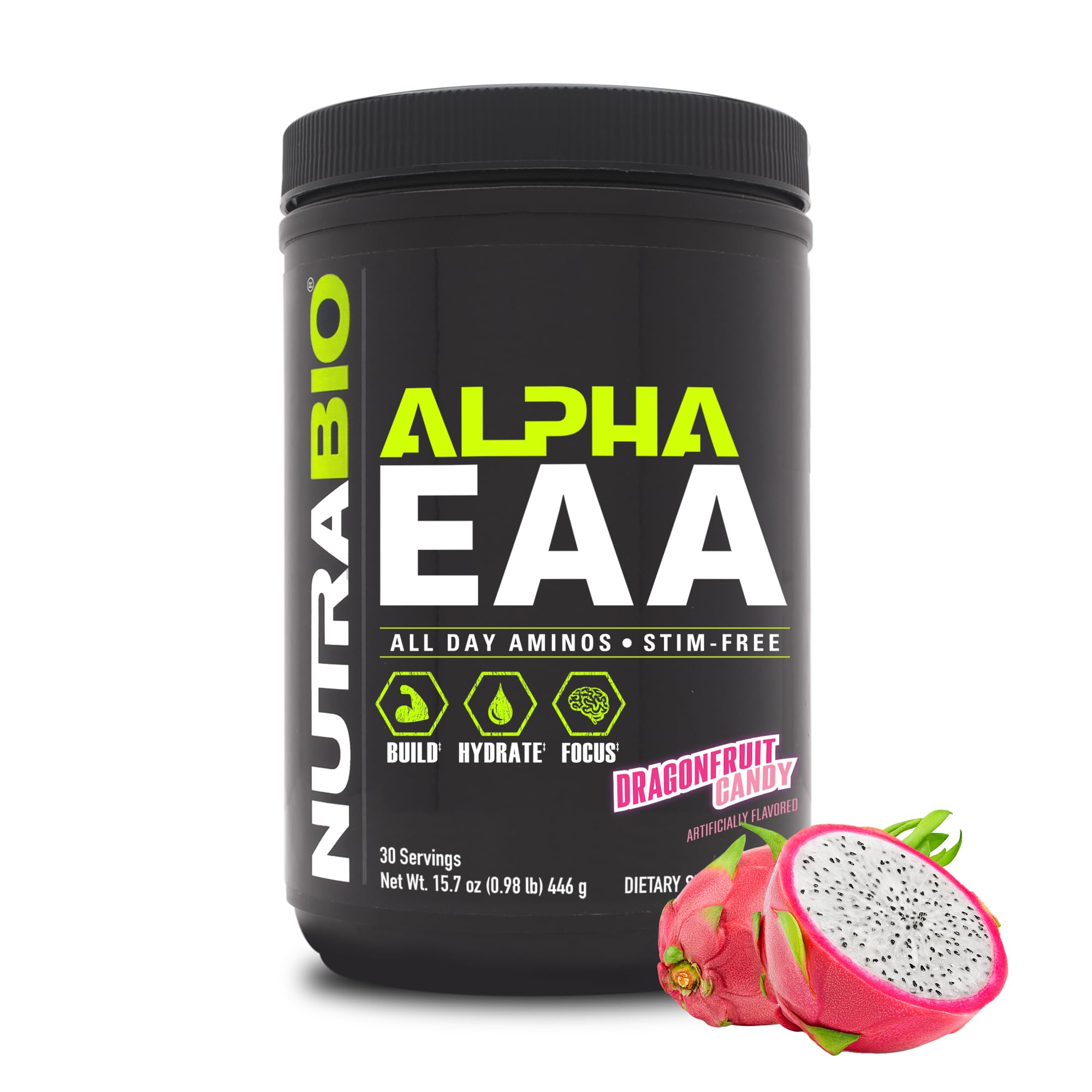 NutraBio Alpha EAA frente del envase mostrando diseño y sabor Dragon Fruit
