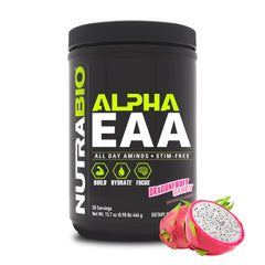 NutraBio Alpha EAA frente del envase mostrando diseño y sabor Dragon Fruit