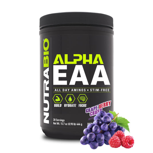 NutraBio Alpha EAA vista frontal con sabor Grape Berry Crush y presentación clara