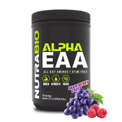 NutraBio Alpha EAA vista frontal con sabor Grape Berry Crush y presentación clara