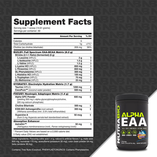NutraBio Alpha EAA polvo textura clara que facilita disolución rápida