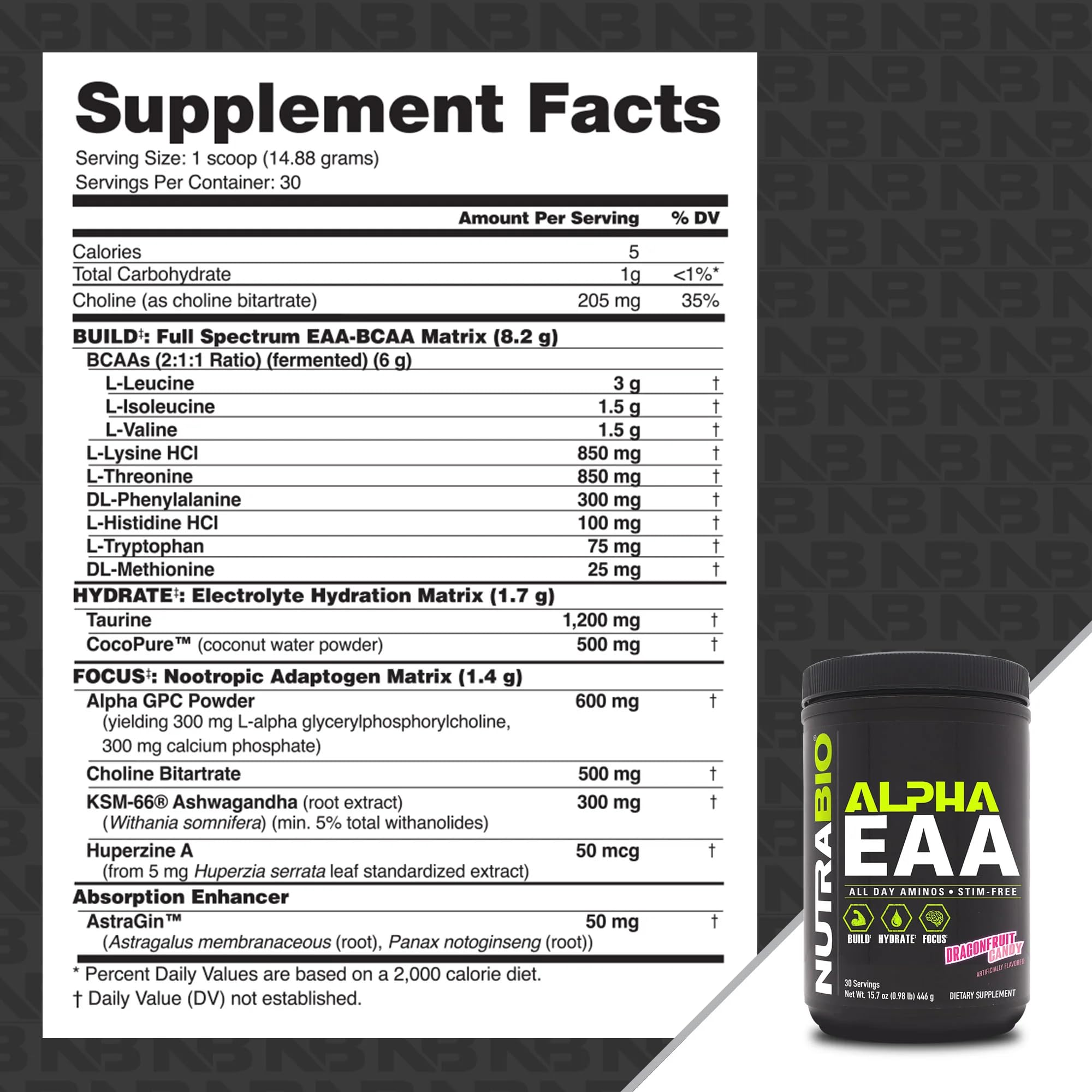 NutraBio Alpha EAA polvo en cucharada mostrando textura y facilidad de disolver