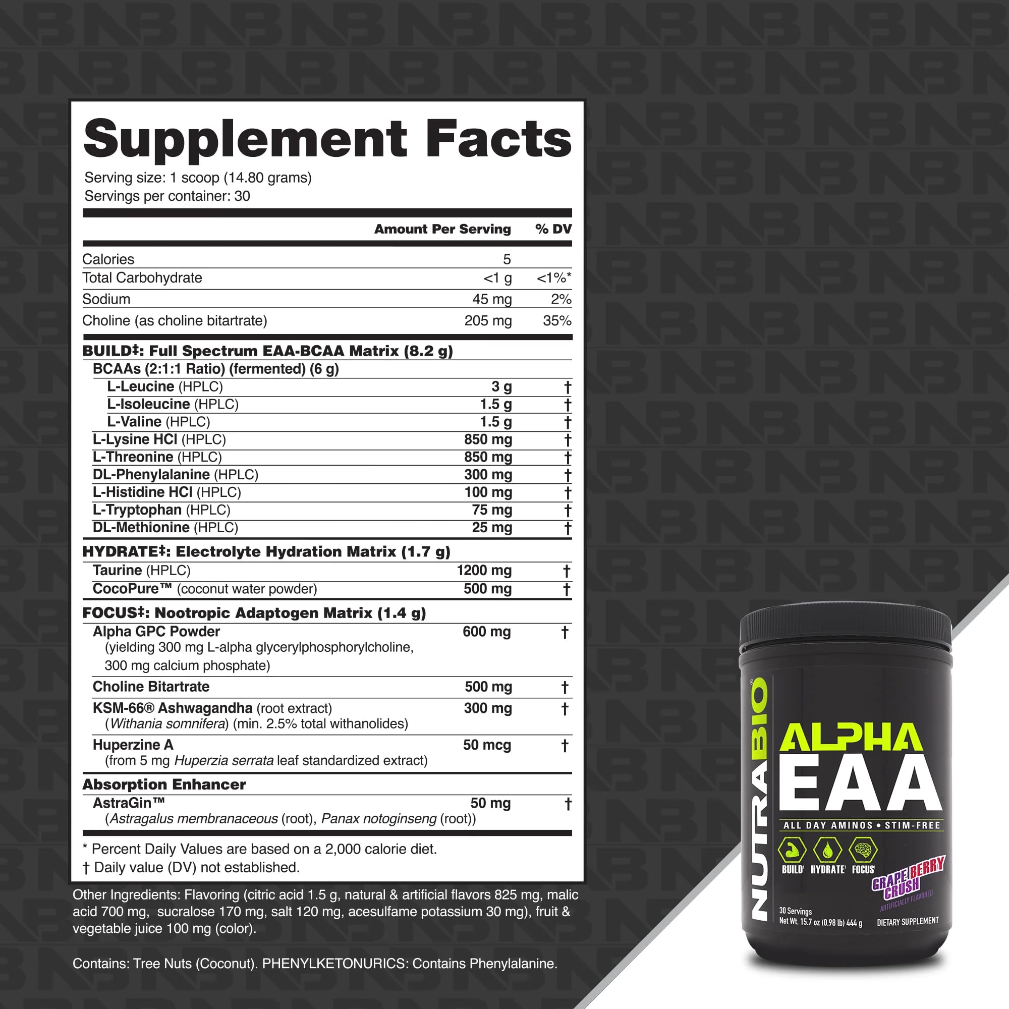 NutraBio Alpha EAA polvo mostrando textura fina y solubilidad, facilita disolución rápida
