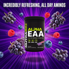 Vaso preparado de NutraBio Alpha EAA listo para beber, hidratación y electrolitos inmediatos