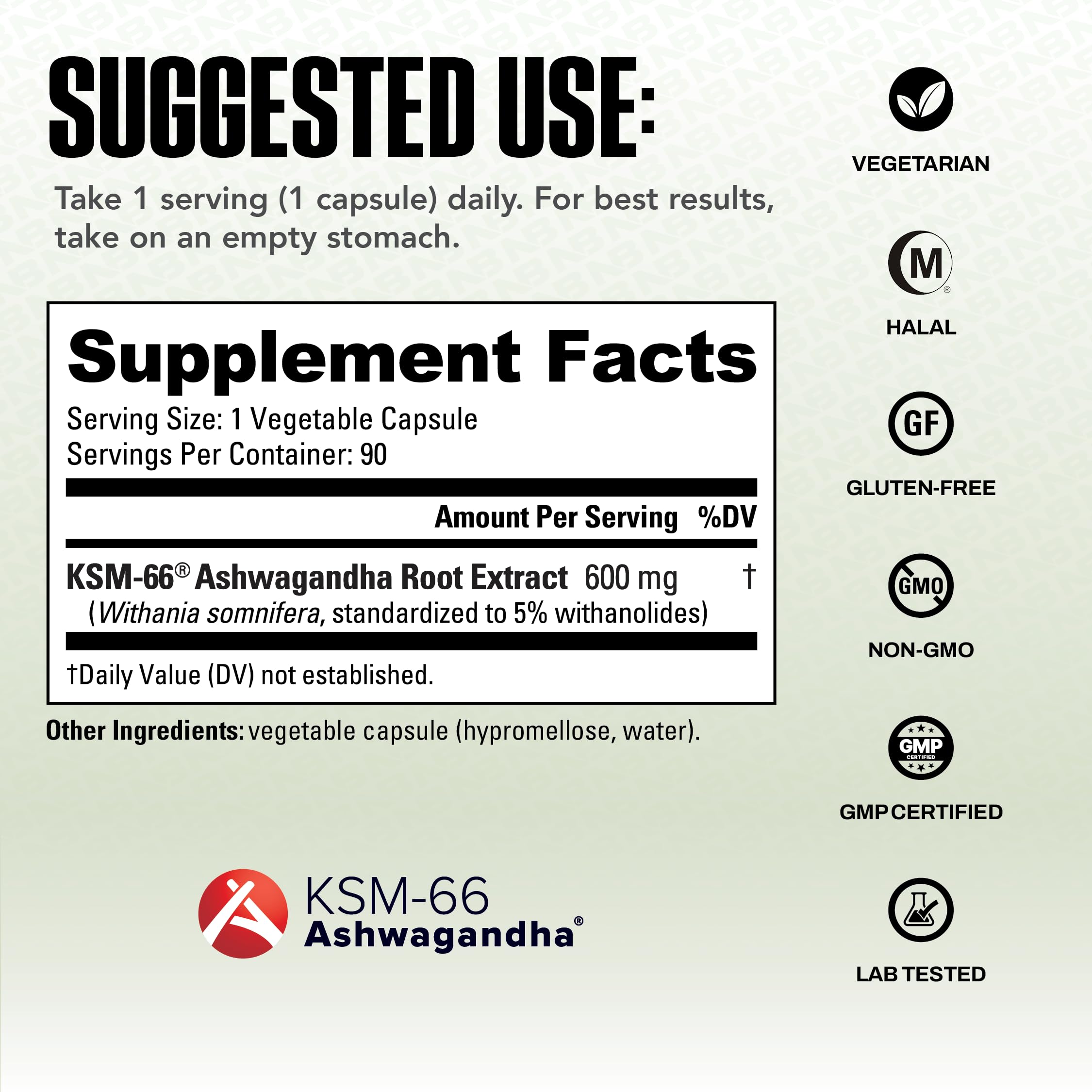 NutraBio etiqueta nutricional visible con 600 mg KSM‑66 por cápsula