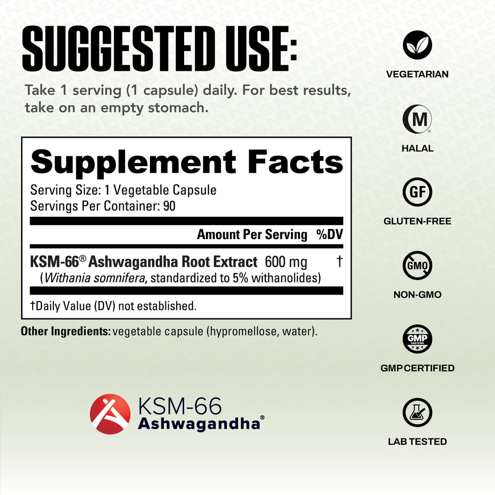 NutraBio etiqueta nutricional visible con 600 mg KSM‑66 por cápsula