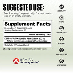 NutraBio etiqueta nutricional visible con 600 mg KSM‑66 por cápsula
