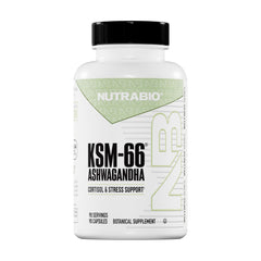 NutraBio botella frontal mostrando la marca y beneficio para el equilibrio