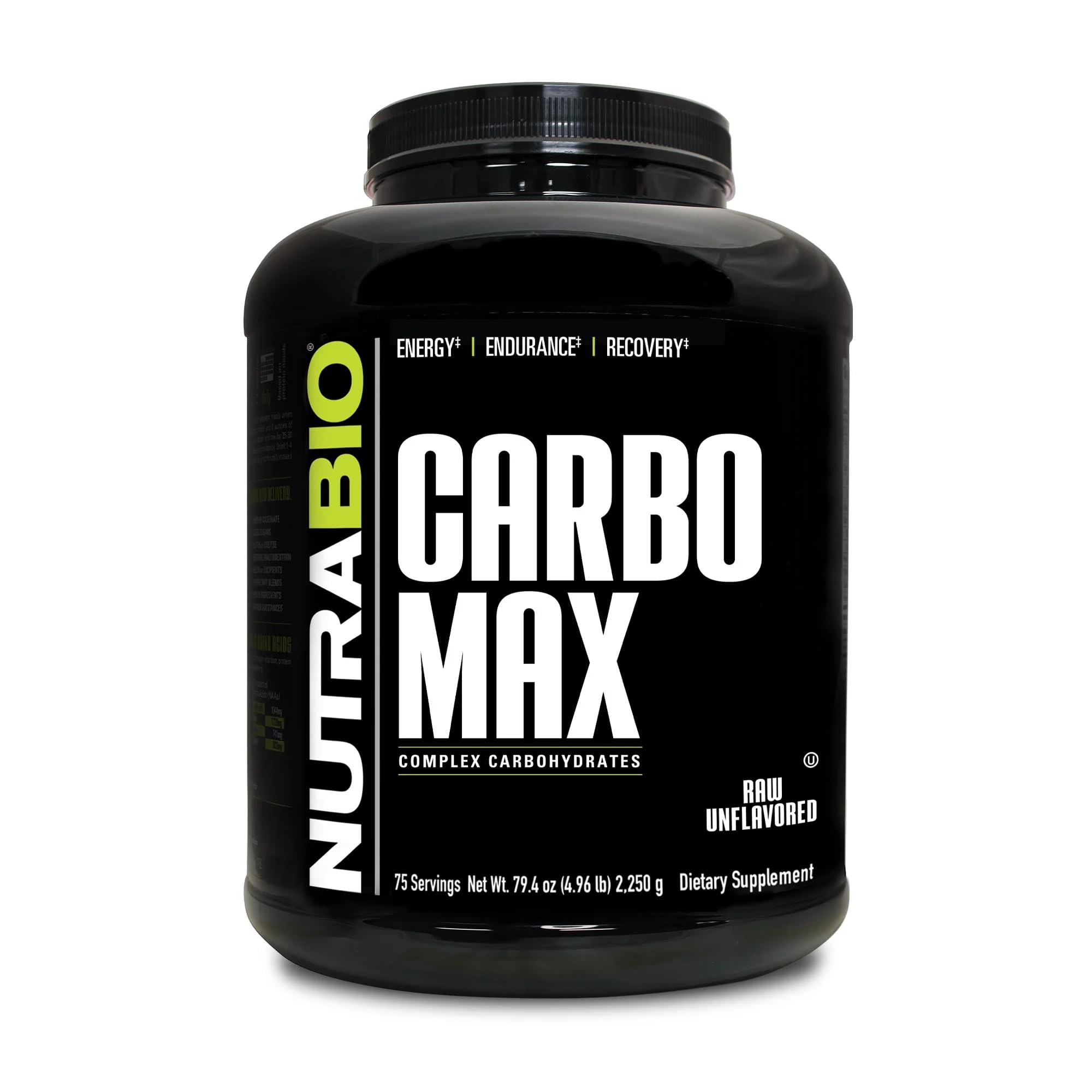 Envase NutraBio CarboMax frente mostrando tamaño y uso claro