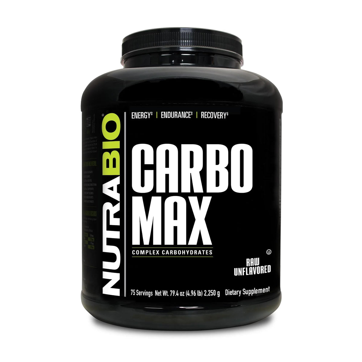 Envase NutraBio CarboMax frente mostrando tamaño y uso claro