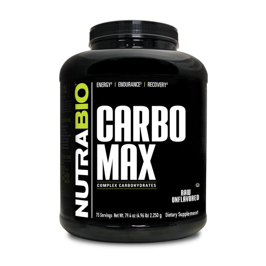 Envase NutraBio CarboMax frente mostrando tamaño y uso claro
