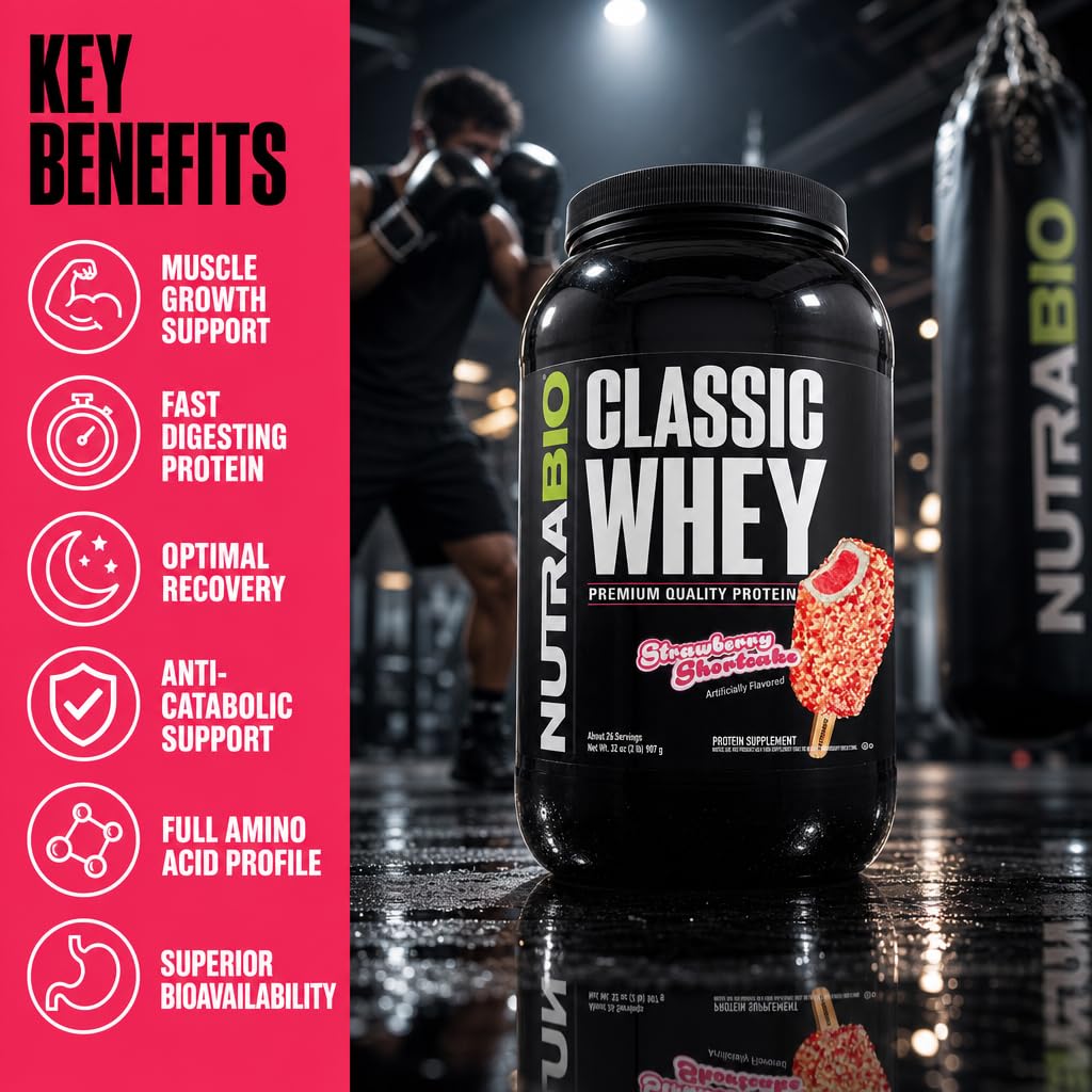 Vaso con batido de Classic Whey listo para beber NutraBio, recuperación conveniente