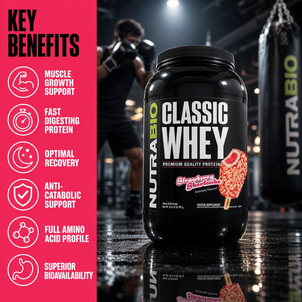 Vaso con batido de Classic Whey listo para beber NutraBio, recuperación conveniente