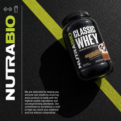 NutraBio tarro 2 lb junto a una mano para ver la escala y tamaño real