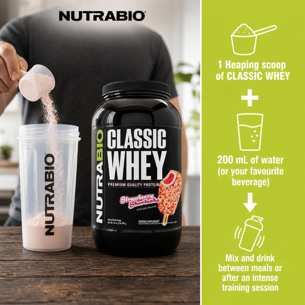 Detalle del sabor Strawberry Shortcake en polvo NutraBio, experiencia dulce