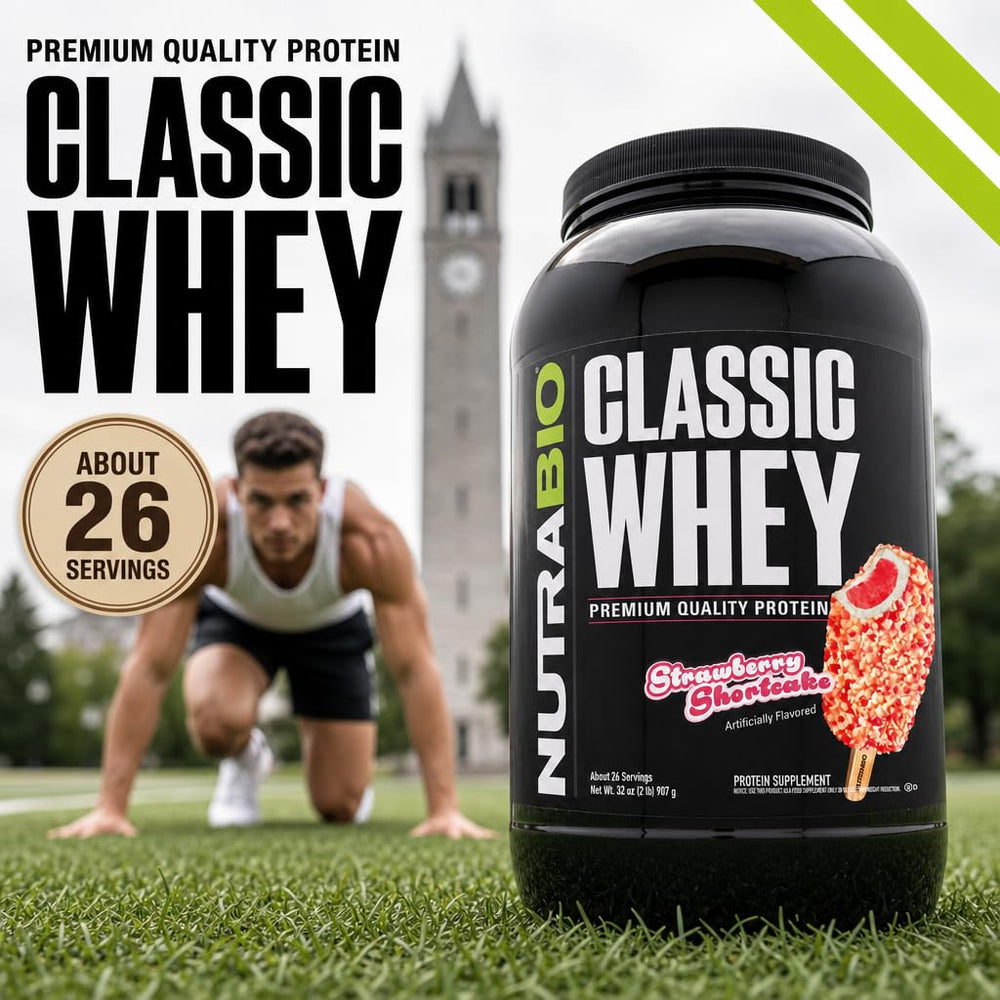 Licuadora con Classic Whey y frutas NutraBio, mezcla sabrosa y nutritiva