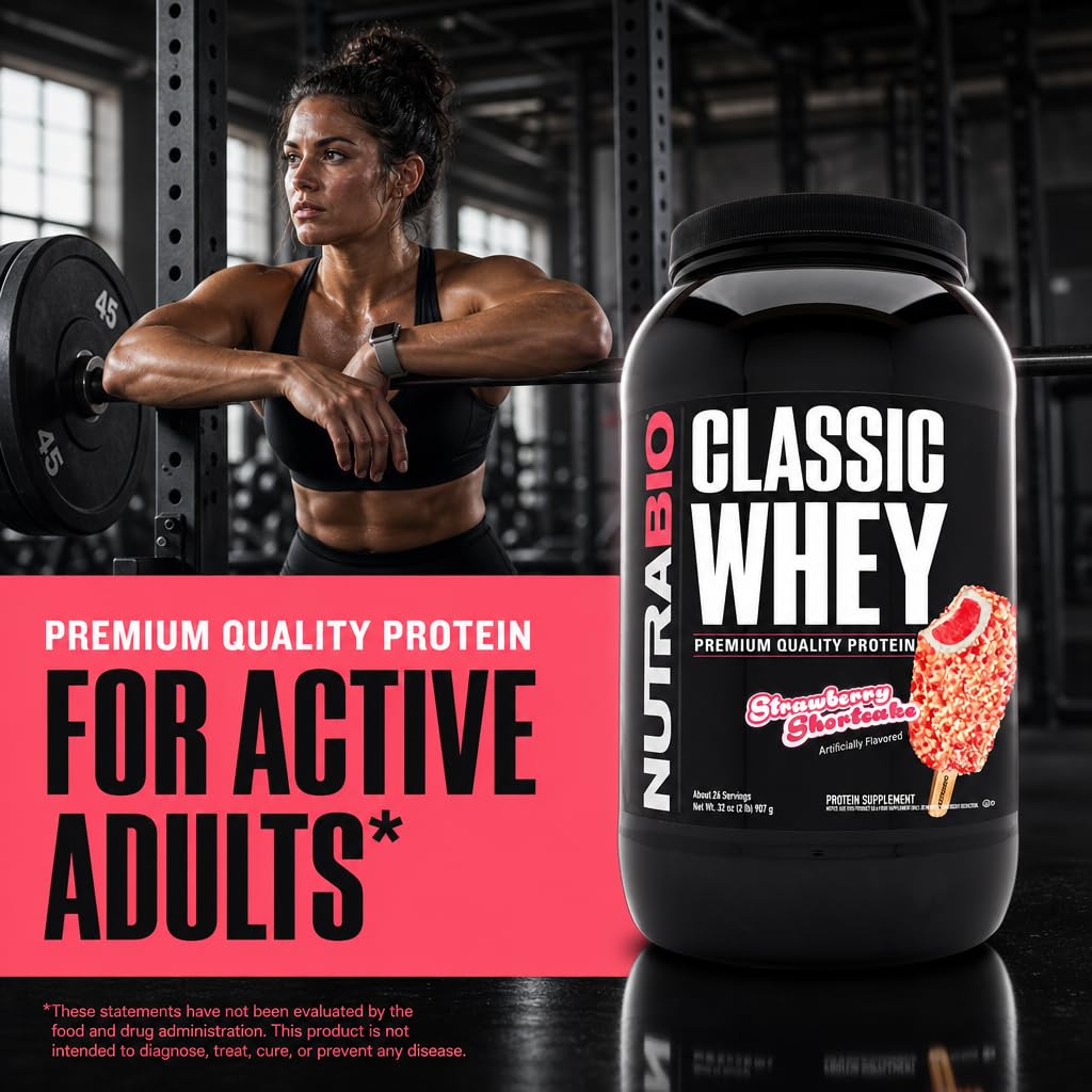 Escena en gimnasio con NutraBio Classic Whey sobre banco, uso práctico post-entreno