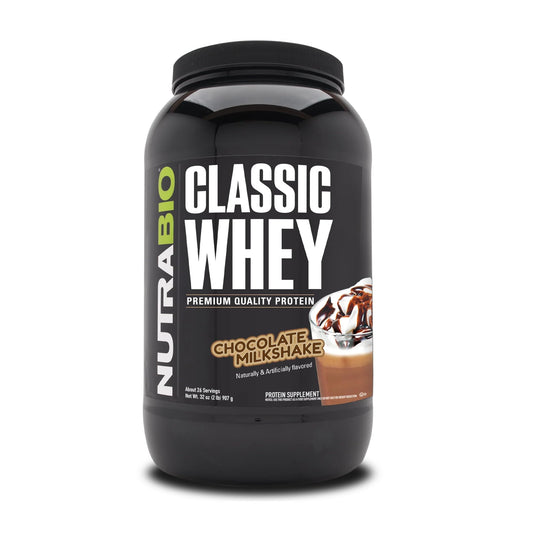 NutraBio empaque frontal mostrando el sabor Chocolate Milkshake y pureza