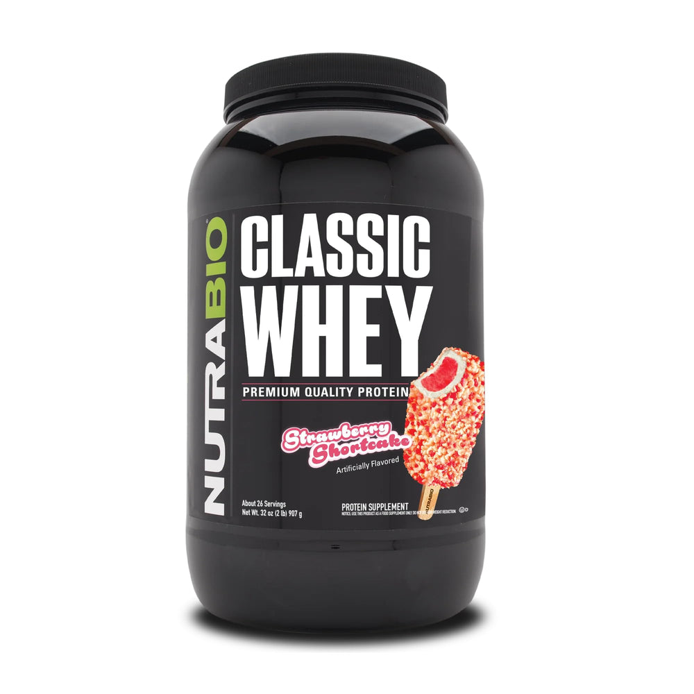 NutraBio envase frontal del Classic Whey mostrando etiqueta clara y beneficios