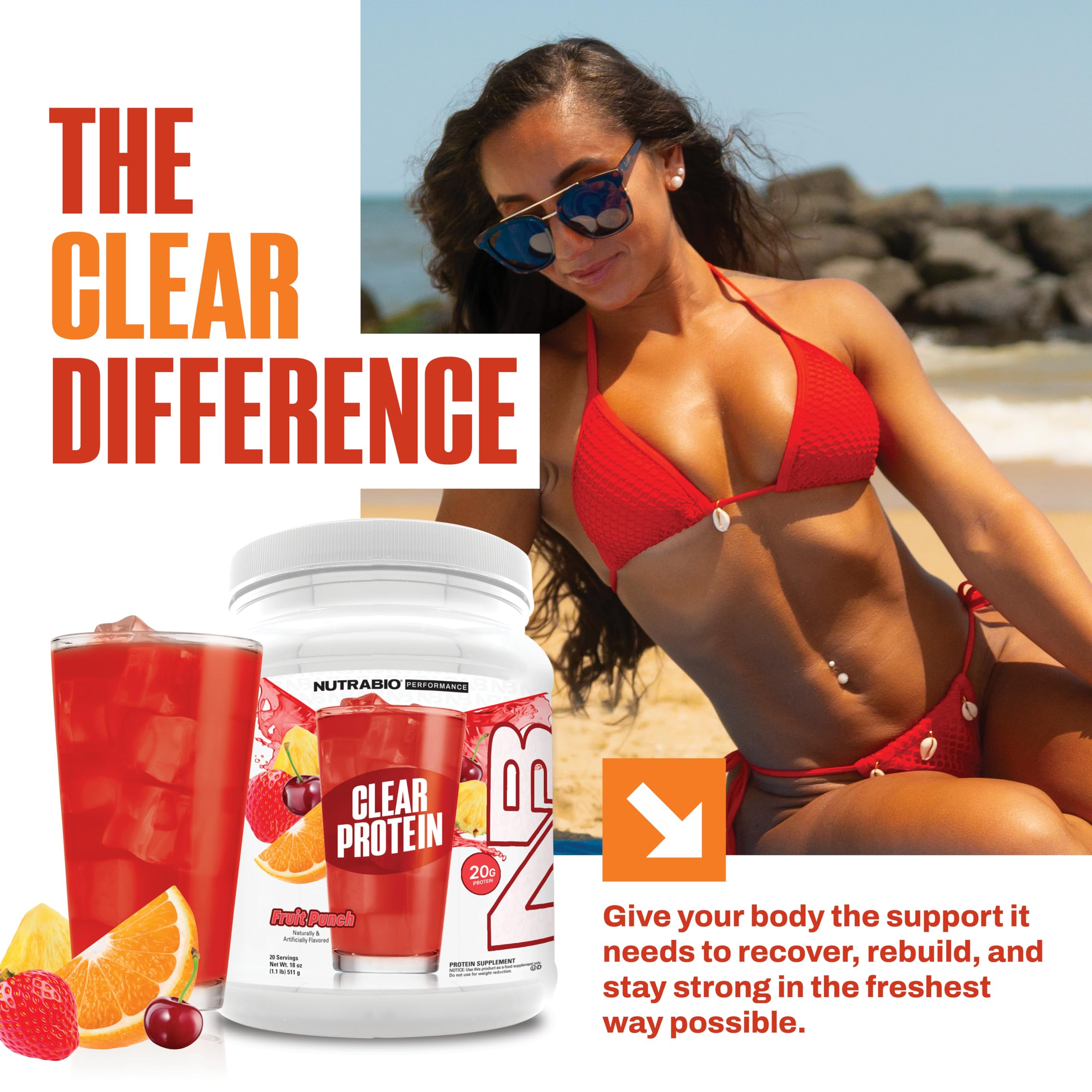 NutraBio batido Fruit Punch en vaso listo para beber tras entreno