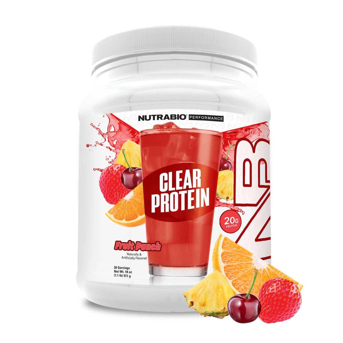 NutraBio envase frontal Fruit Punch mostrando diseño y beneficios