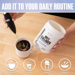 Vaso con batido que incluye NutraBio colágeno sin sabor para mezcla rápida