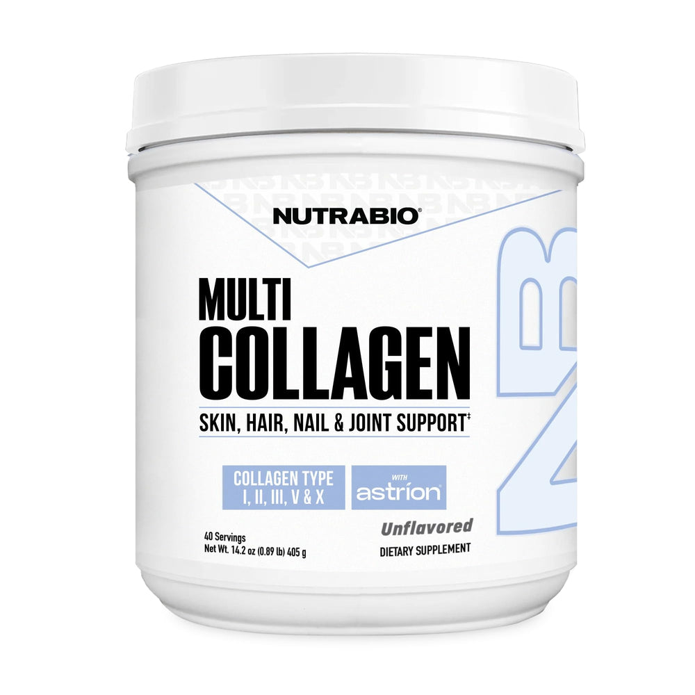 NutraBio envase frontal del polvo de colágeno para uso diario y versatilidad