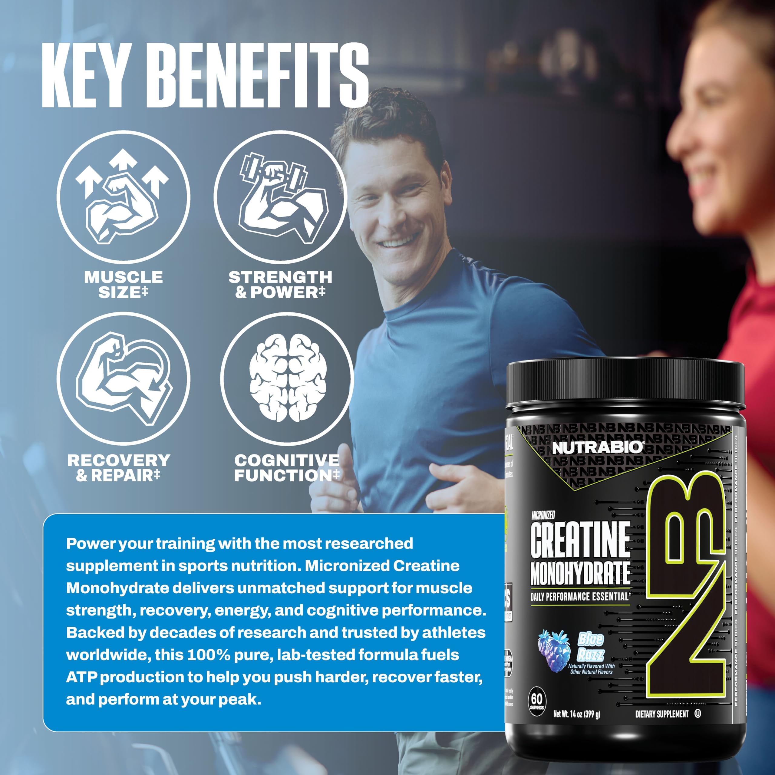 NutraBio batido azul preparado con creatina para energía rápida
