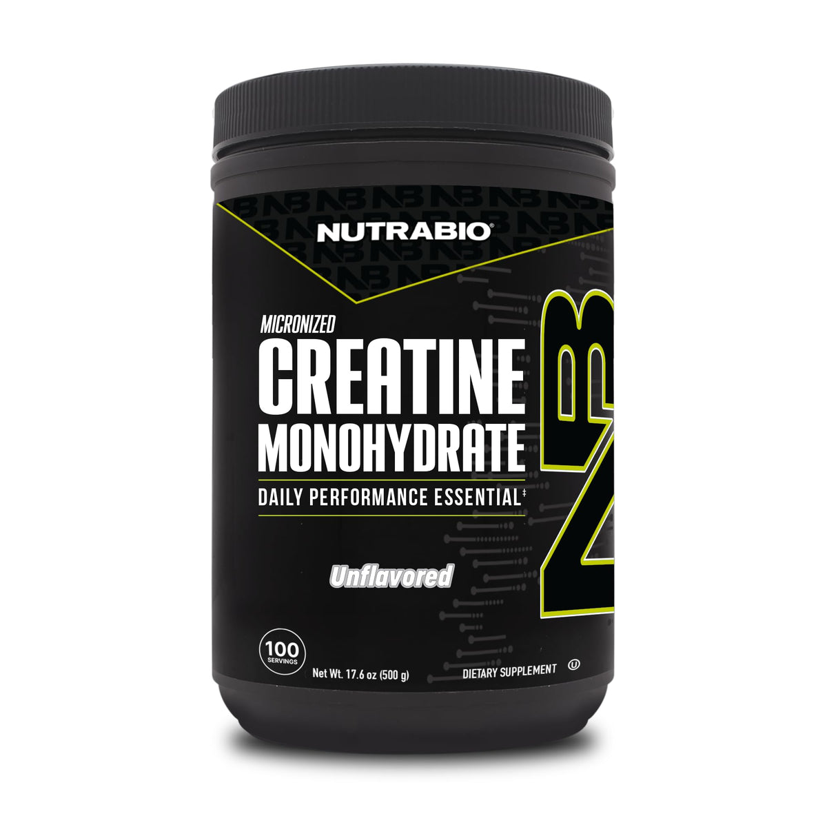 NutraBio envase frontal mostrando creatina pura y beneficios de potencia