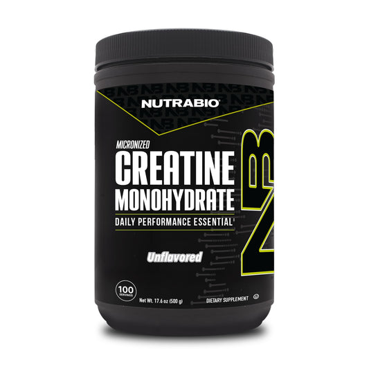 NutraBio envase frontal mostrando creatina pura y beneficios de potencia