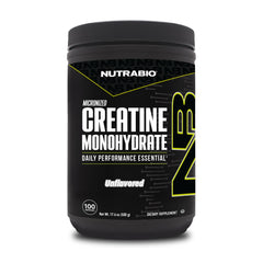 NutraBio envase frontal mostrando creatina pura y beneficios de potencia