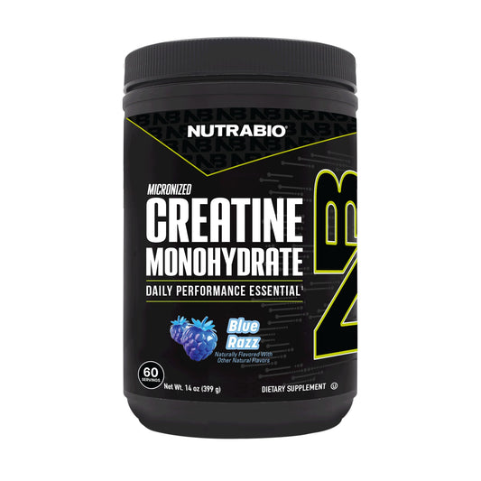 NutraBio frasco frontal con texto y sabor Blue Razz muestra pureza